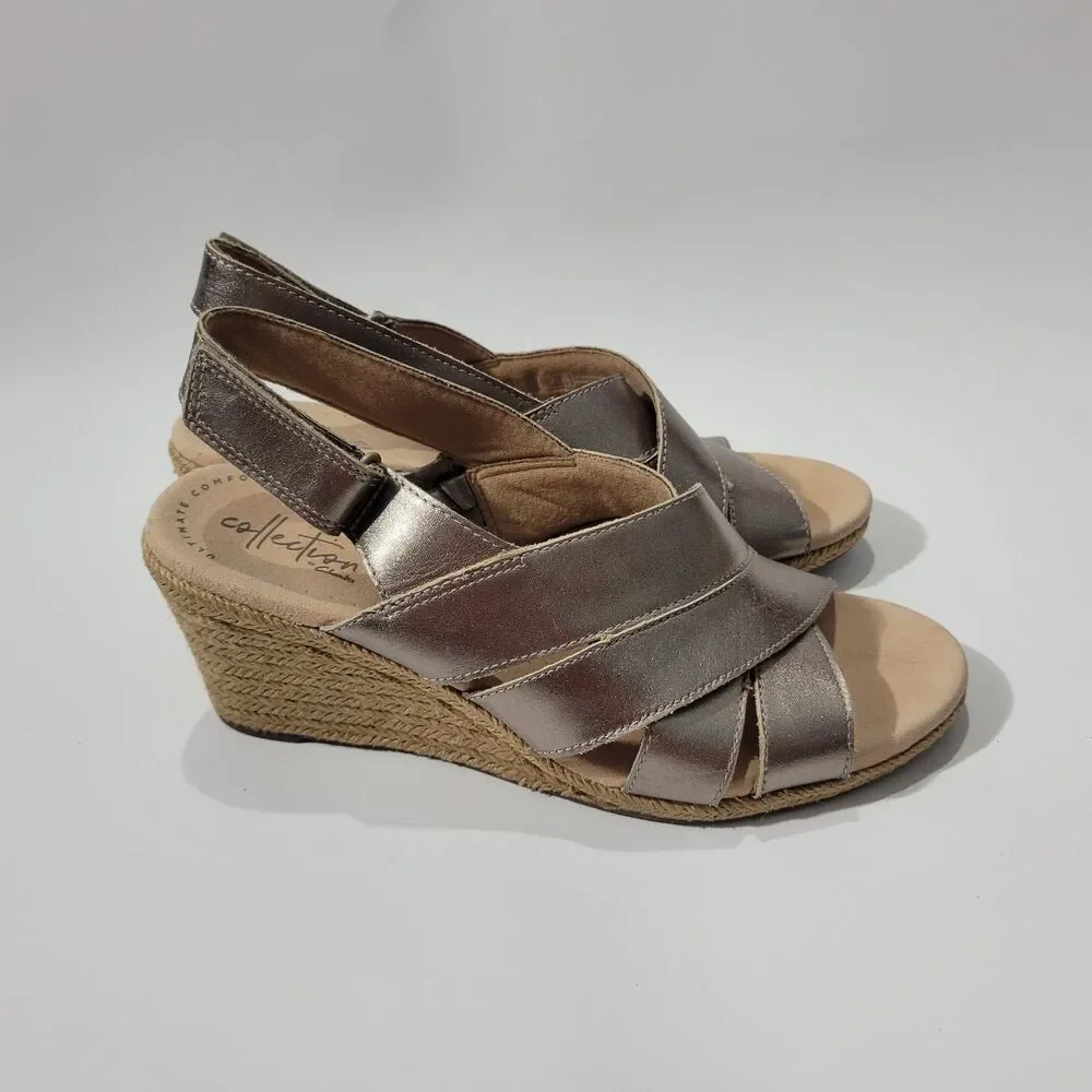 Clarks Collection Gold Espadrilles Slingback Wedge Sandals Sz 8M